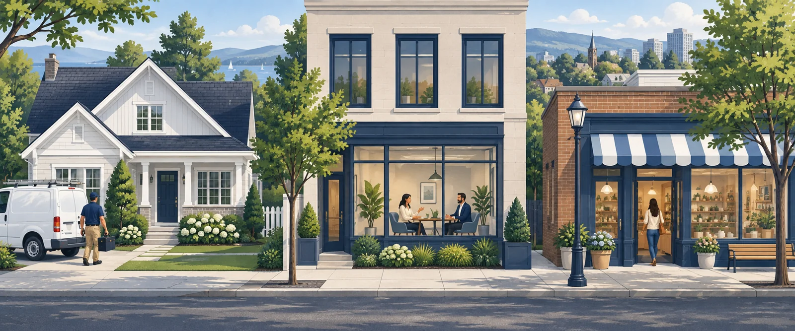 Illustration of a neighborhood with a home-service visit, a professional office and a local storefront